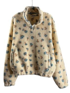 Lands' End Cream Floral Sherpa Snap Neck Pullover Fleece Jacket $79 Retail